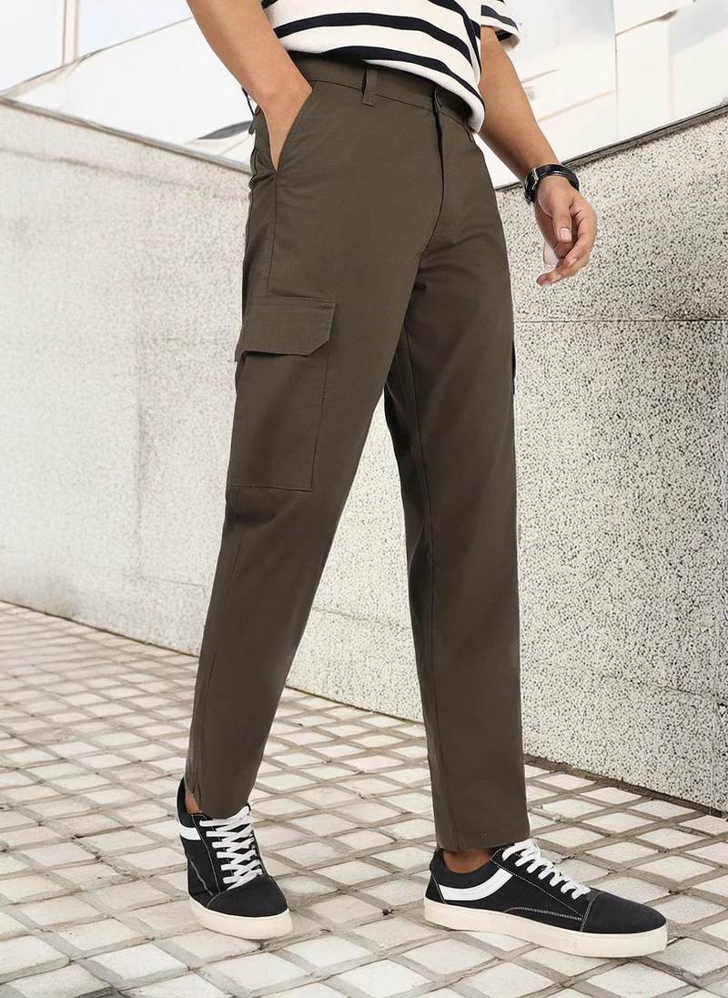 Urbano Fashion Men's Dark Olive Regular Fit Solid Cargo Chino Pant With 6 Pockets